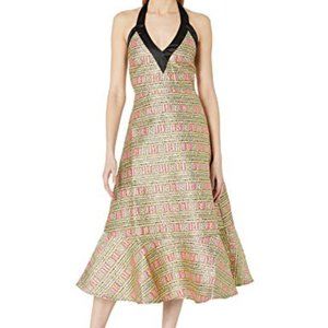 NWT Cynthia Rowley Bonfire  Gold & Hot Pink Brocade Halter Dress | MIDI | 8